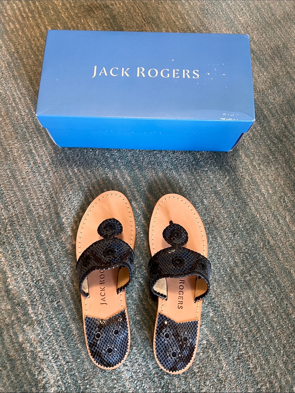 Jack Rogers Black Snakeskin-Texture Leather Sandals
